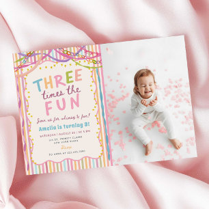 Three Times The Fun Colourful 3rd Birthday Photo Invitation