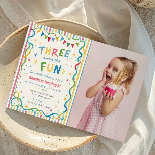 Three Times The Fun Colourful 3rd Birthday Photo Invitation