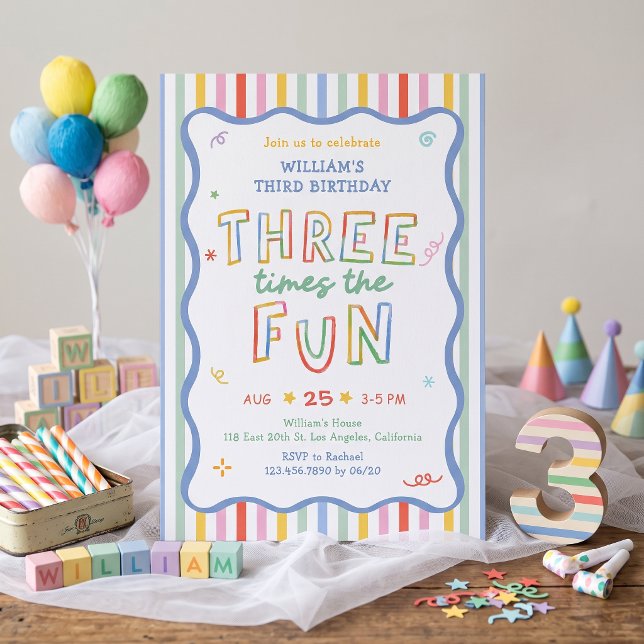Three Times The Fun Colourful Birthday Invitation (Creator Uploaded)