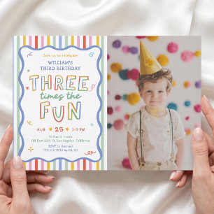 Three Times The Fun Colourful Birthday Invitation