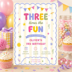 Three Times The Fun Colourful Boy 3rd Birthday Invitation