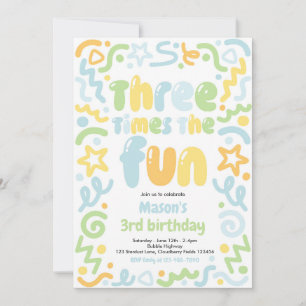 Three Times The Fun Confetti Balloon 3rd Birthday  Invitation