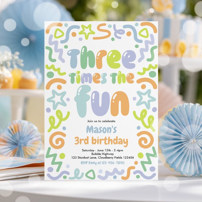Three Times The Fun Confetti Balloon 3rd Birthday  Invitation (Creator Uploaded)
