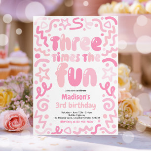 Three Times The Fun Confetti Balloon 3rd Birthday  Invitation