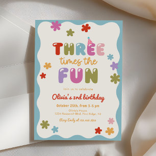 Three Times The Fun Daisy Colourful 3rd Birthday Invitation