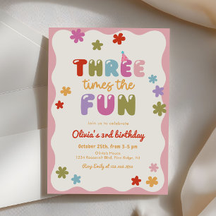 Three Times The Fun Daisy Colourful 3rd Birthday Invitation