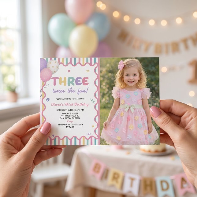 Three Times The Fun Girl 3rd Birthday Invitation (Creator Uploaded)