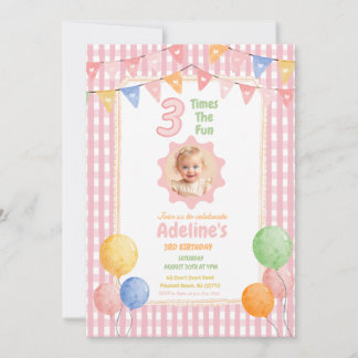 Three Times the Fun Pink Photo Birthday Invitation