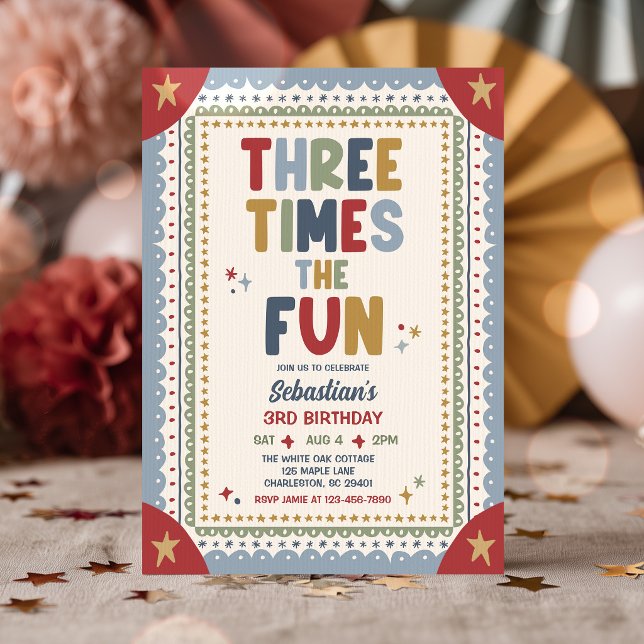 Three Times The Fun Whimsical Boy 3rd Birthday  Invitation (Creator Uploaded)
