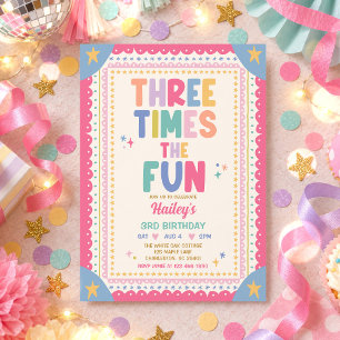 Three Times The Fun Whimsical Girl 3rd Birthday Invitation