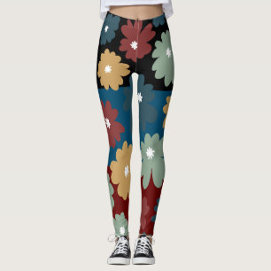 Three tone black blue and burgundy floral artwork leggings