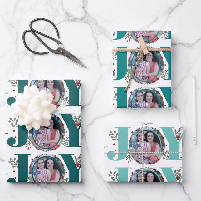 Three tone teal blue Joy Christmas holiday photo Wrapping Paper Sheet (Front)