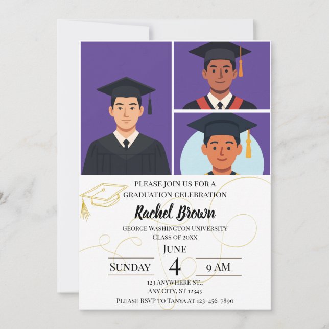 Three Top Photos with Line Art Graduation  Invitation (Front)