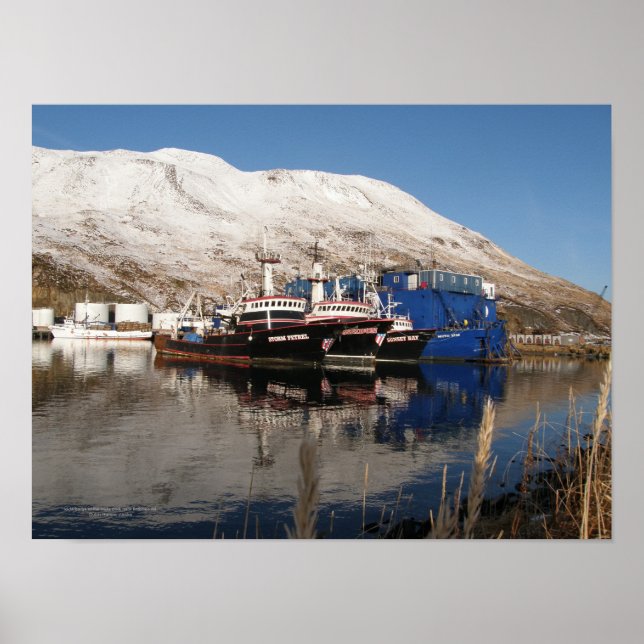 Three Trawlers docked in Dutch Harbor, Alaska Poster (Front)