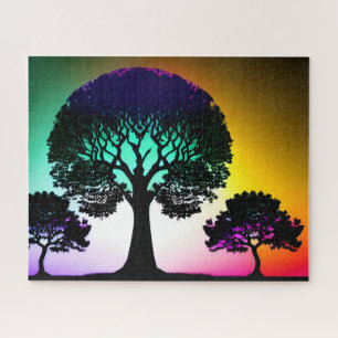 Three Trees Sunset Silhouettes Under Vibrant Sky Jigsaw Puzzle