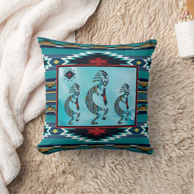 Three Turquoise Kokopelli Throw Pillow (Blanket)
