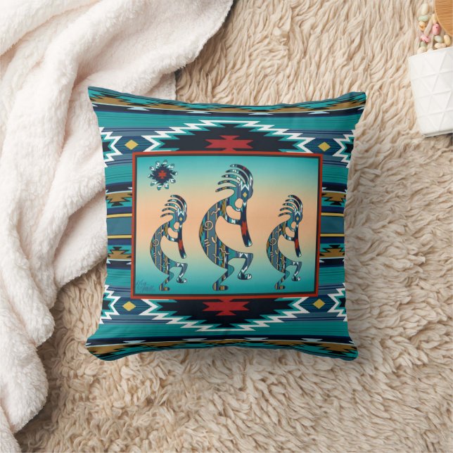 Three Turquoise Kokopelli Throw Pillow (Blanket)