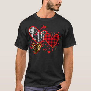 Three Valentine's Day Hearts  Plaid Leopard Stripe T-Shirt