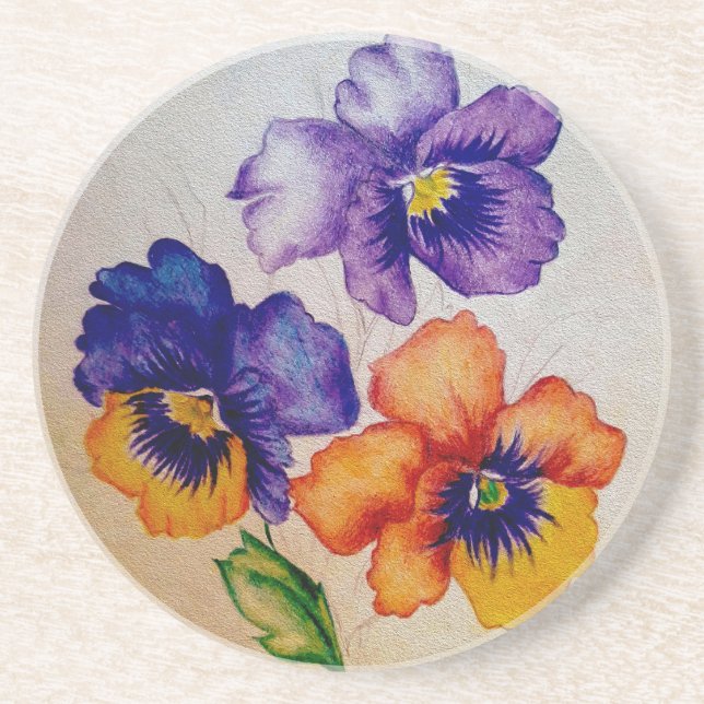 Three vintage Pansy flowers coloured pencils   Coaster (Front)