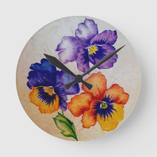 Three vintage Pansy flowers coloured pencils Round Clock