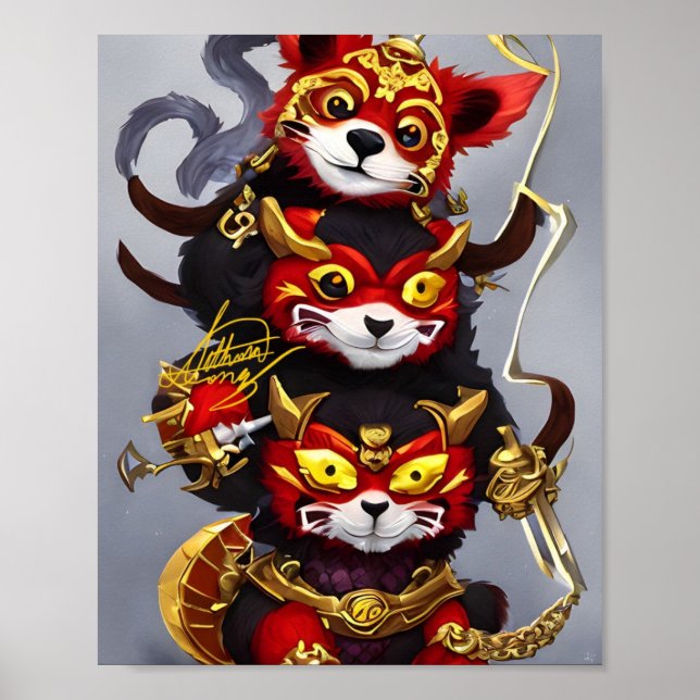 three warrior red panda button poster (Front)