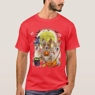 Three Welsh Corgi Dogs Witch Scary Mummy Halloween T-Shirt