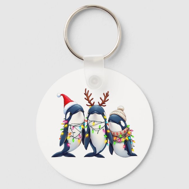 Three Whales Wearing Christmas Santa Hat  Key Ring (Front)