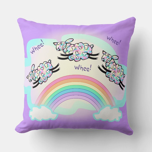 Three Whee Sheep Jumping a Rainbow Cute Lambs Art Cushion (Front)