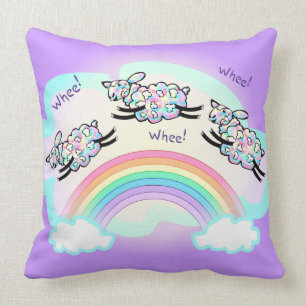 Three Whee Sheep Jumping a Rainbow Cute Lambs Art Cushion