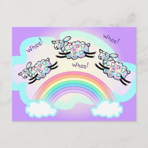Three Whee Sheep Leaping a Rainbow Silly Happy Postcard