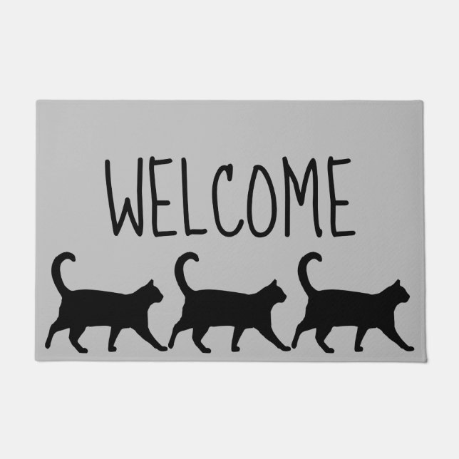 Three Whimsical Black Cats Welcome Doormat (Front)