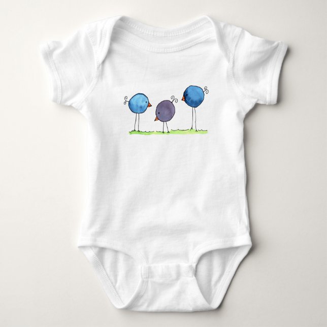 Three Whimsical Watercolor Birds Baby Bodysuit (Front)