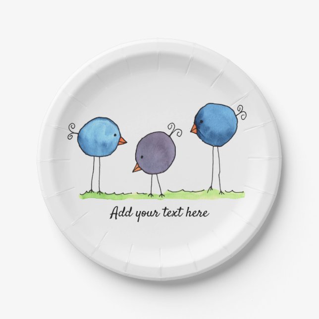 Three Whimsical Watercolor Birds Paper Plate (Front)