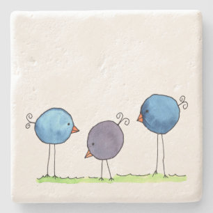 Three Whimsical Watercolor Birds Stone Coaster