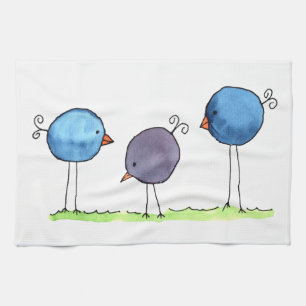 Three Whimsical Watercolor Birds Tea Towel
