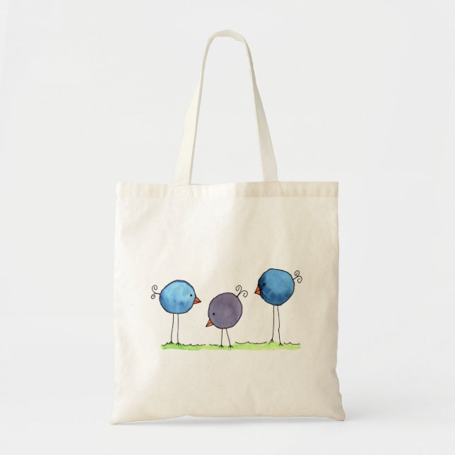 Three Whimsical Watercolor Birds Tote Bag (Front)