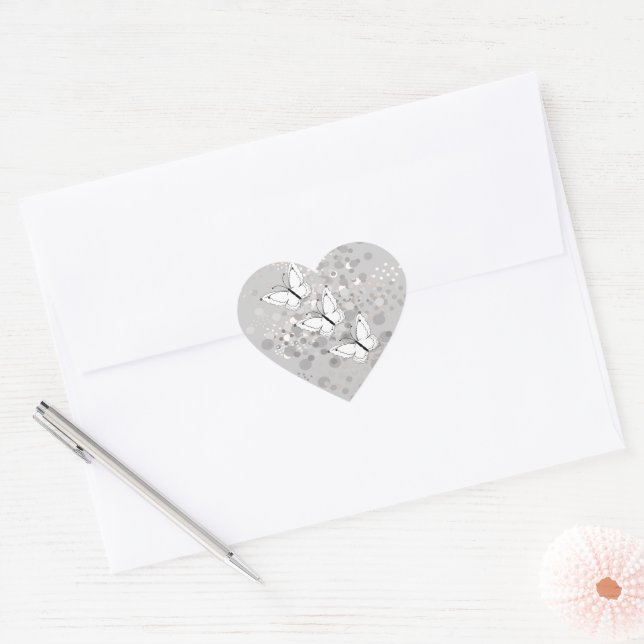 Three White Butterflies Heart Sticker (Envelope)