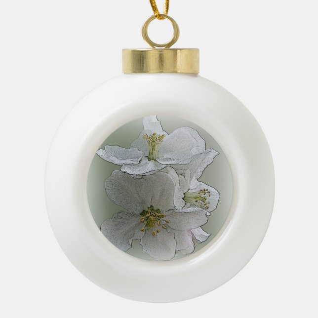 three white flowers ceramic ball christmas ornament (Front)