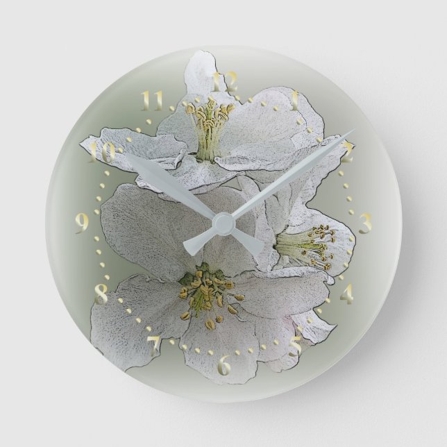 three white flowers round clock (Front)