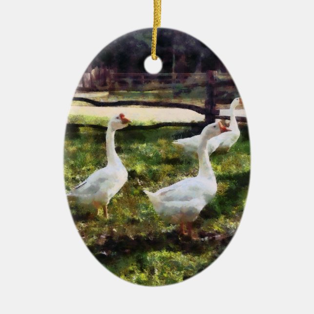 Three White Geese Ceramic Tree Decoration (Front)