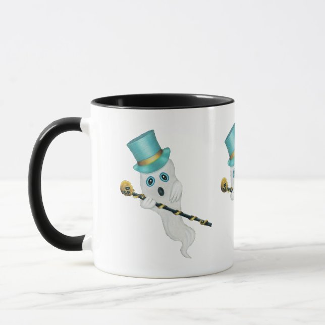 Three White Ghosts Blue Eyes Top Hats Skull Canes Mug (Left)