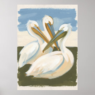 Three White Pelicans Coastal Folk Art Poster