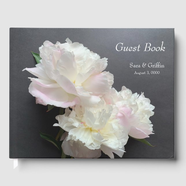 Three white peonies on dark grey guest book (Front)