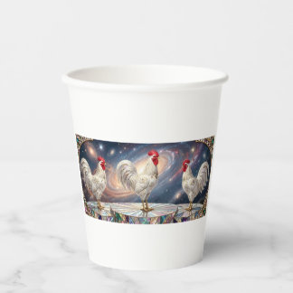 Three white roosters. paper cups