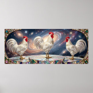 Three white roosters. poster