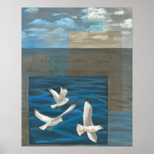 Three White Seagulls Flying Over the Water Poster