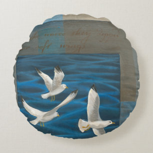 Three White Seagulls Flying Over the Water Round Cushion