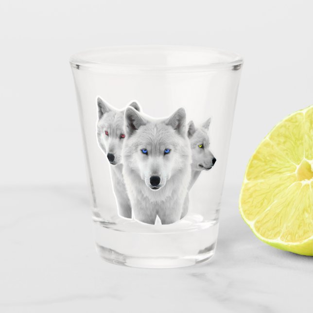 Three White Wolves Shot Glass (Front)
