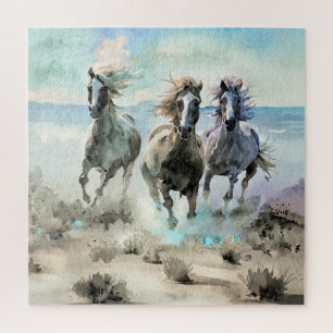 Three Wild Horses Race Across a Dusty Prairie Jigsaw Puzzle