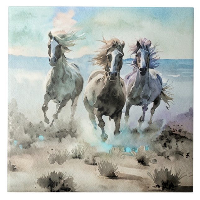 Three Wild Horses Race Across a Dusty Prairie Tile (Front)